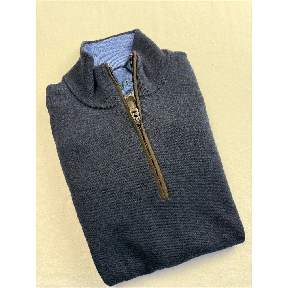 Orvis‎ Men's Grey and Light Blue Quarter Zip Knit Pullover Sweater Size M